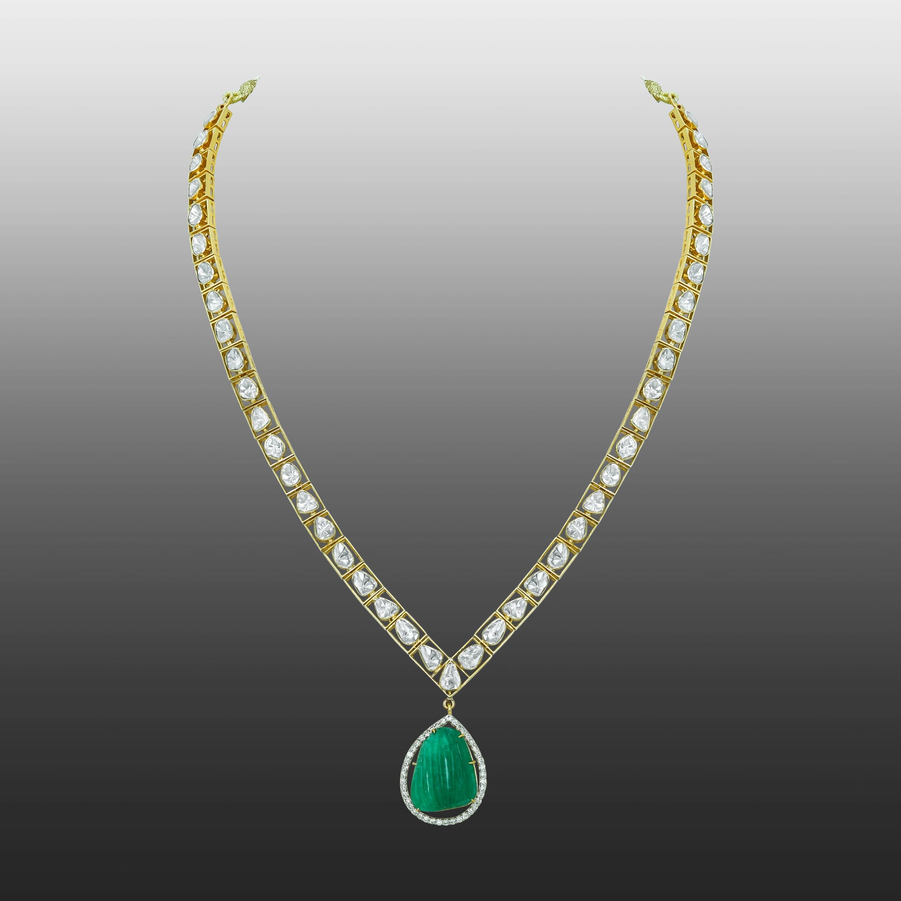 Polki Diamond Necklace with Open Setting and Emerald Teardrop Pendant